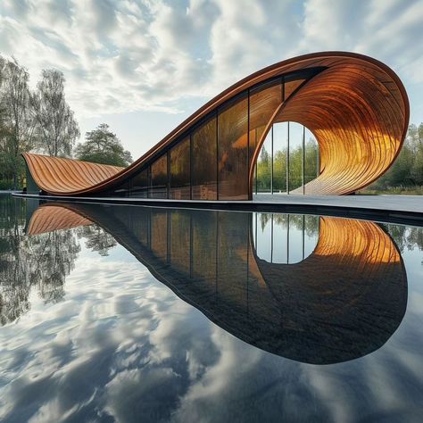 Oat Architecture, Animal Inspired Architecture, Pavilion House Design, Architecture With Water, Ocean Architecture Concept, Gridshell Architecture, Curved Pavilion, Bath House Architecture, Woven Architecture