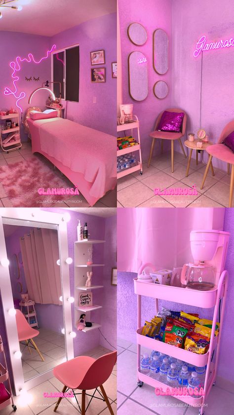 Lash studio pink #icon #lashes #aesthetic #coquette Lash Setup In Bedroom, Lash Artist Room Set Up, Home Base Lash Room, Pink Lash Tech Room, Lash Tech Accessories, Lash Studio Decor Ideas, Spa Set Up, Lashes Room Ideas, Basement Lash Studio