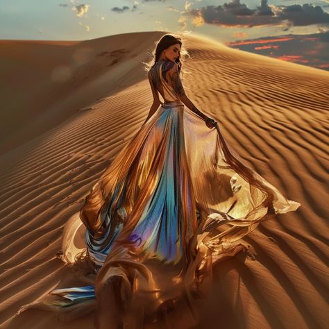 ✨ She wears a #dress woven from threads that catch and refract the last rays of daylight, casting a kaleidoscope of colors onto the #sand around her. Each movement she makes sends ripples of light dancing across the desert floor, as if the very #fabric of her attire mirrors the shifting sands and the fading sky. . . . #ai #aiart #artificialintelligence #desert #dunes #sanddunes #iridescentdress #iridescentfashion #iridescentfabric #glitterdress #desertsunset Dunes Photoshoot, Iridescent Fashion, Iridescent Dress, Desert Dunes, Iridescent Fabric, Aesthetic Photoshoot, Desert Colors, Desert Sunset, Glitter Dress