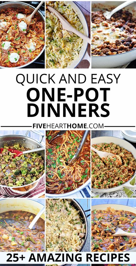 Quick and Easy One Pot Meals collage showing a variety of one pot dinners. One Pot Quick Meals Easy Dinners, Easy Weeknight Dinners With Rice, Cheap One Pot Dinners, One Pot Dinner Recipes For Family, One Pot Quick Meals, One Pot Comfort Food Recipes, Quick And Easy One Pot Dinner Recipes, Simple One Pot Meals Easy Dinners, Fast One Pot Meals