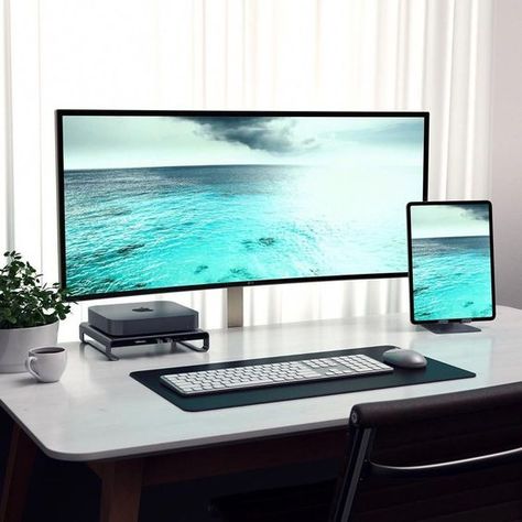 Modern minimalist PC setup with ultrawide monitor and Apple Mac mini #pcsetup #modernsetup #minimalistsetup #ultrwidesetup #aplle Simple Computer Desk, Mac Setup, Dream Desk, Computer Desk Setup, Desk Setups, Home Studio Setup, Desktop Setup, Desk Inspiration, Gaming Room Setup