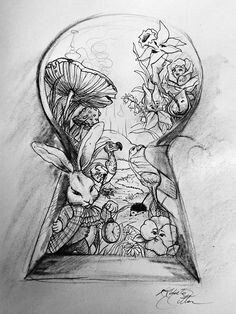 Alice in wonderland key hole tattoo idea Gatto Del Cheshire, Panda Stuff, Hipster Drawings, Art Du Croquis, Alice In Wonderland Drawings, Flowers Daisy, Wonderland Tattoo, Siluete Umane, Drawing Flowers