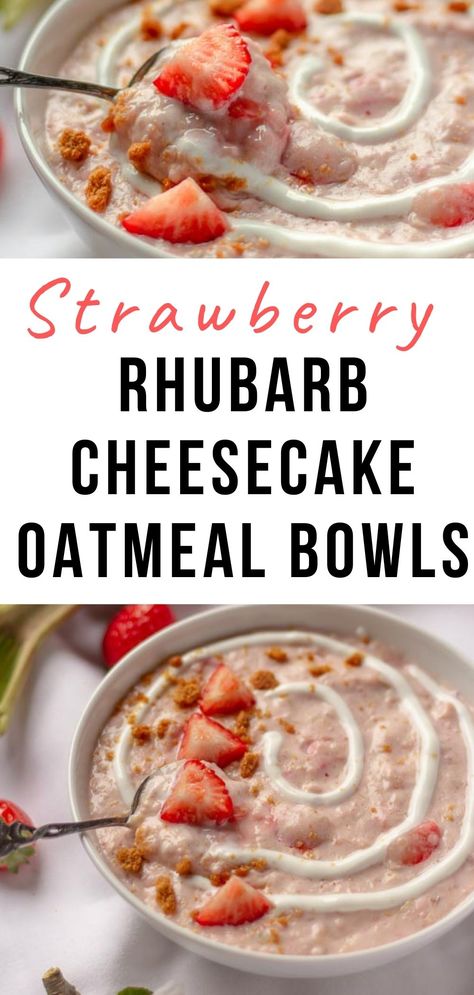 This quick and easy Strawberry Porridge with Rhubarb and Cheesecake Swirl is a healthy breakfast that tastes like a slice of Strawberry Rhubarb Cheesecake. Make these Cheesecake Oatmeal Bowls for breakfast or dessert. Add protein powder for added protein or stir in some skyr along with the cream cheese and Greek Yogurt. Can be made vegan by using coconut yogurt Strawberry Porridge, Strawberry Rhubarb Cheesecake, Healthy Oatmeal Bowl, Cheesecake Oatmeal, Healthy Rhubarb Recipes, Rolled Oats Recipe, Rhubarb Cheesecake, Rhubarb Oatmeal, Slice Of Cheesecake