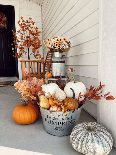 Fall Farmers Porch Decor, Large Front Porch Fall Decorating Ideas, Washtub Fall Decor Ideas, Fall Decorations For Front Porch Ideas, Cute Fall Front Porch Ideas, Porch Decor With Pumpkins, Fall 2023 Porch Decor, Fall Porch Rocking Chair Decor, Fall Decore Idea Front Porch