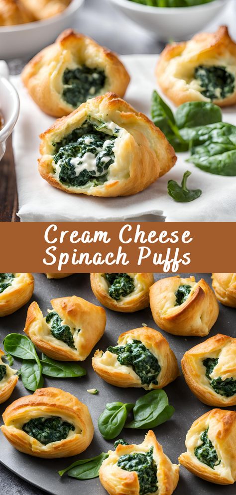 Cream Cheese Spinach Puffs | Cheff Recipes Spinach Philo Pastry Recipes, Spinach Artichoke Dip Puff Pastry, Spinach Cheese Puff Pastry, Spinach Feta Puff Pastry Recipes, Savory Pastries Recipes, Spinach Cream Cheese Puff Pastry, Cream Cheese Spinach Puffs, Spinach Danish, Pastry Puff Appetizers