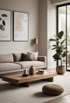 Neutral Living Room With Black Accents, Beige Sofa Living Room, Neutral Living Room Ideas, Minimalism Living Room, Japandi Living Room, Minimal Living Room, Japandi Living, Living Room Sofa Design, Neutral Living Room