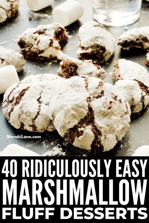 40 Incredibly Easy Marshmallow Fluff Dessert Recipes | Whether you're adding it to frosting, dip, fudge, or cookies, marshmallow fluff is the best addition to your baking recipes! And homemade fluff is SO EASY TO MAKE. Click for our favorite DIY marshmallow fluff recipes, plus 40 easy desserts the whole family will love. From s'mores bars to fruit dip and cookies, coconut marshmallow cream meringue pie to brownies and gluten free whoopie pies, there's a sweet treat here for everyone! Things To Do With Marshmallow Fluff, Recipes For Marshmallow Fluff, Marshmallow Puff Recipes, Marshmallow Cream Cookies, Desserts With Fluff Marshmallow Cream, Jumbo Marshmallow Recipes, Stuff To Make With Marshmallow Fluff, Recipes That Use Marshmallow Fluff, Marshmello Fluff Recipes Desserts