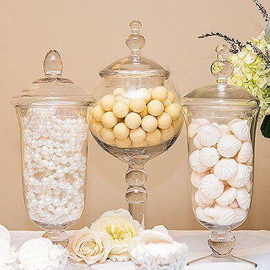 Apothecary Jars Decor, Candy Buffet Tables, Candy Bar Wedding, Sweet Jars, Christmas Dining Table, Glass Apothecary Jars, Guest Book Table, Faux Flower Arrangements, Pretty Decor