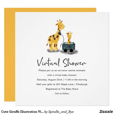 Cute Giraffe Illustration, Giraffe Illustration, Virtual Baby Shower Invitation, Animal Baby Shower Invitations, Modern Hand Lettering, Simple Baby Shower, Virtual Baby Shower, Cute Giraffe, Invitation Sizes