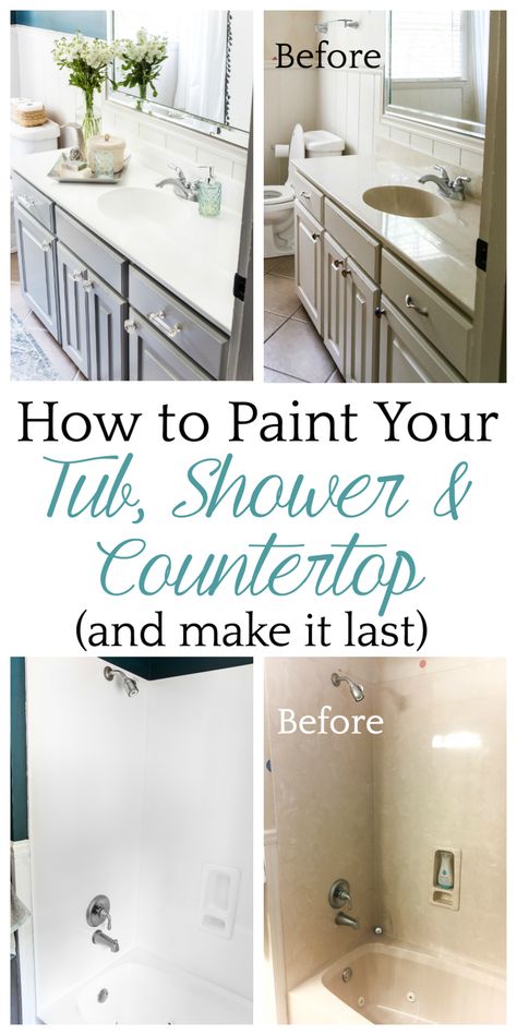 Paint A Sink, Painting A Sink, Diy Bathroom Renovation, Tile Refinishing, Diy Bathroom Makeover, Farmhouse Tile, Painting Shower, Casa Diy, Tub Tile