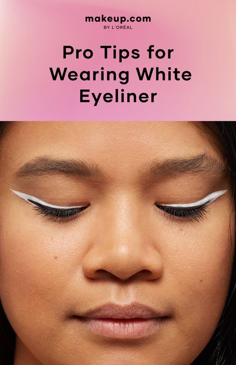 person with white eyeline with the title "Pro Tips for Wearing White Eyeliner" on a pink background White Eyeliner Makeup Waterline, Floating Eyeliner, Best White Eyeliner, White Eyeliner Looks, White Liquid Eyeliner, White Eyeliner Makeup, Beyonce Concert, Smoky Eyeshadow, White Eyeshadow