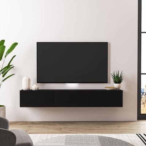 Lucy-Mea Floating 71"TV Stand Up to 80" TV's Wall Mounted Media Console - 80 inches - Bed Bath & Beyond - 39055644 Floating Tv Console, Wall Mounted Media Console, Floating Tv Shelf, Floating Tv Unit, Tv Consoles, Floating Entertainment Center, Under Tv, Black Floating Shelves, Floating Tv Stand