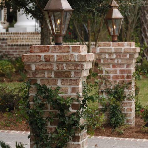 The South Battery Post Mount  Original Copper Electric Lantern: Country Driveway, Brick Mailbox, Electric Lantern, Brick Pillars, Driveway Entrance Landscaping, Brick Driveway, Brick Columns, Driveway Lighting, Stone Driveway