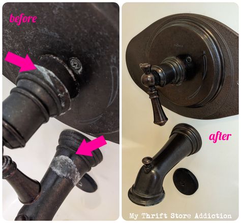 How to restore oil-rubbed bronze bathtub fixtures without chemicals Bathroom With Oil Rubbed Bronze Fixtures, Bronze Bathtub, Bathtub Fixtures, Oil Rubbed Bronze Bathroom Fixtures, Bronze Faucets, Bronze Shower Head, Oil Rubbed Bronze Bathroom, Bronze Fixtures, Hard Water Stain Remover