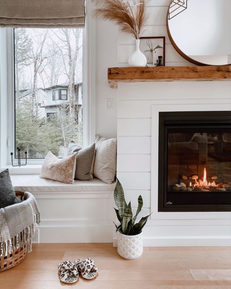 Living Room Fireplace Windows On Side, Benches Under Windows Living Room, Window Seats By Fireplace, Window Seats Flanking Fireplace, Fireplace With Window Benches On Each Side Under Windows, Fireplace In Window, Benches By Fireplace, Window Bench Fireplace, Fireplace And Window Seats