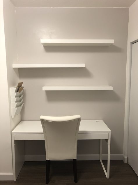 Ikea Desk Small Bedrooms, Shelves Over Desk Bedroom, White Shelf Over Desk, Office Desk For Home Small Spaces, Shelves In Bedroom Over Desk, Small Office Ideas Minimalist, Neutral Bedroom With Desk, Small Desk With Shelves, Study Table Shelves