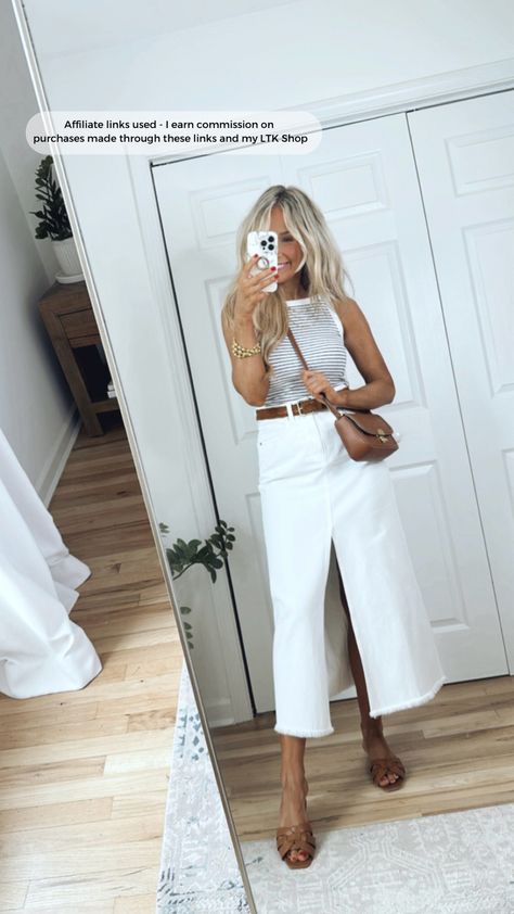 Denim maxi skirt in white curated on LTK Long Cream Denim Skirt Outfit, White Denim Maxi Skirt Outfit, Beige Denim Skirt Outfit, White Denim Midi Skirt Outfit, White Midi Skirt Outfit Summer, White Maxi Skirt Outfit Summer, White Denim Maxi Skirt, White Midi Skirt Outfit, White Denim Midi Skirt