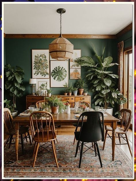 Looking to upgrade your dining room? Check out these 7 stylish dining room table sets ideas that will elevate your space. From modern to farmhouse styles, find the perfect set to fit your home decor. Transform your dining area into a chic and inviting space with these curated options. Dining Room Themes, Cozy Dining Room Aesthetic, Dining Room With Plants, Vintage Modern Dining Room, Maximalist Dining Rooms, Green Dining Rooms, Green Dining Room Ideas, Earthy Dining Room, Earthy Interior Design