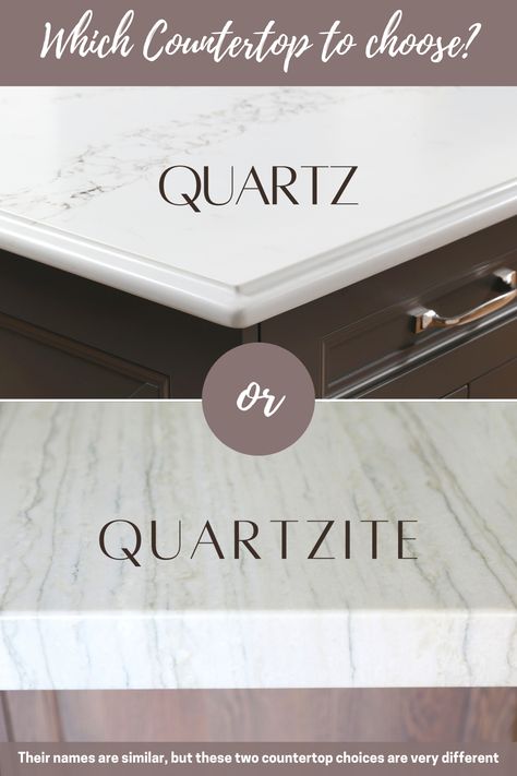 comparing quartz and quartzite countertops Lowes Kitchen Countertops Quartz, Marble Island Quartz Perimeter, Different Quartz Countertops, Quartzite Edge Options, Engineered Quartz Countertops Kitchen, Two Different Kitchen Countertops, Quartz Alternative Kitchen Counters, Man Made Quartz Countertops, Pictures Of Quartz Countertops