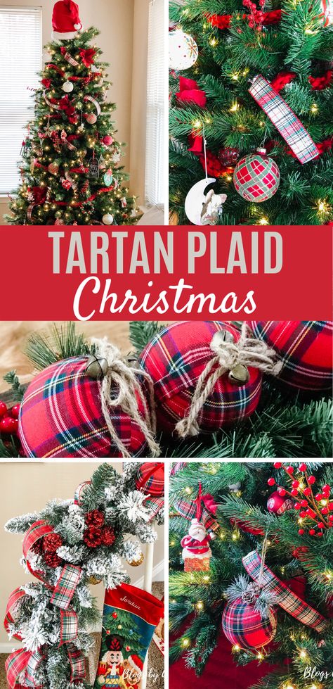 Scottish Plaid Christmas Tree, Flannel Christmas Tree Ideas, Plaid Bows For Christmas Tree, Red Tartan Plaid Christmas Tree, Red Plaid Christmas Trees, Scottish Themed Christmas Tree, Plaid Christmas Ribbon On Tree, Red Green Plaid Christmas Decor, Christmas Trees Plaid