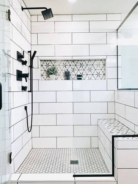 Shower With Shelf In Wall, Shower Pocket Shelf, Long Shower Niche Ideas, Shower Tile Shelves, Showers With Built In Benches, Shower Tile Bench, 4x5 Shower With Bench, Walk In Shower With Niche, Small Shower With Bench Seat