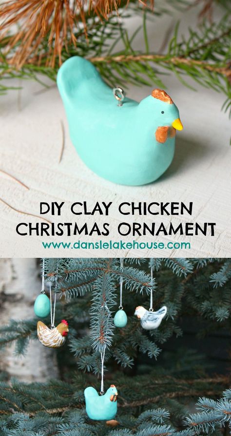 DIY Clay Chicken Christmas Ornament Cute Easy Ornaments To Make, Salt Dough Chicken Ornaments, Salt Dough Christmas Gifts, Clay Chicken Ornaments, Easy Salt Dough Christmas Ornaments, Christmas Ornament Handmade, Sculpey Ornaments Diy, Chicken Gifts Diy, Chicken Christmas Ornaments Diy