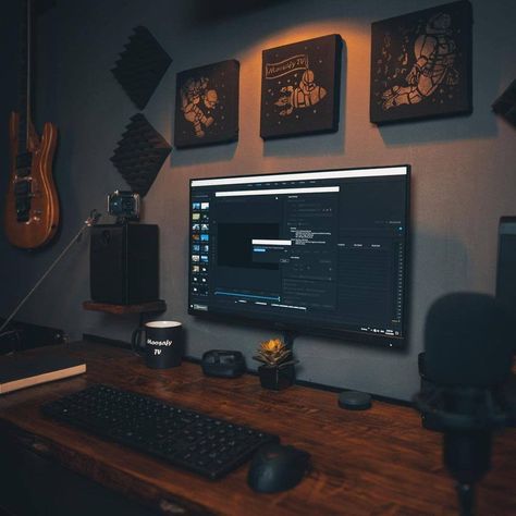 SPACEBOUND SETUPS + TECH on Instagram: “DARK WITH WARM AMBIENT LIGHTING. What do you think of this setup? Rate it 1-10 ⭐️⭐️⁠.              Setup by @moosa_ahmed.   Watch The…” Modern Music Studio, Cloud Desk, Work From Home Desk Setup, Studio Music Room, Music Studio Design, Home Studio Desk, Music Room Design, Setup Inspiration, Home Recording Studio Setup