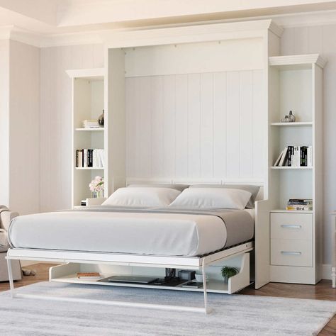 Perth Queen Deluxe Wall bed with Desk & Storage | Costco Side Cabinet Storage, Full Murphy Bed, Hideaway Bed, Murphy Wall Beds, Guest Room Bed, Queen Murphy Bed, Space Saving Beds, White Bed Frame, Cabinet Bed