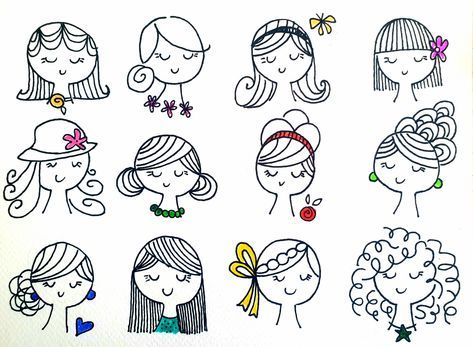 People Doodles, Girl Doodle, Face Doodles, Doodle People, Hair Clipart, Stick Figure Drawing, Easy Doodle Art, Easy Doodles Drawings, 수채화 그림