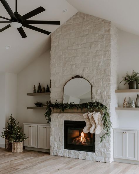 We love a timeless, stone fireplace and the warmth it adds to a space🤎 • • • • 📸@brookepavel | Instagram Brick Fireplace Mantles, White Stone Fireplaces, Fireplace Built Ins, White Fireplace, Farmhouse Fireplace, Fireplace Remodel, Diy Fireplace, Christmas Fireplace, Home Fireplace