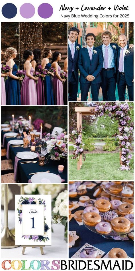 navy blue lavender and violet for navy blue wedding color palettes for 2025, navy blue and lavender bridesmaid dresses, white bridal gown, navy blue groomsmen suits and lavender ties, navy blue wedding tablecloth, lavender napkins, lavender violet flower centerpieces, wedding arch décor, lavender donuts, navy blue wedding table number card. #weddingcolors #weddingideas #blueweddings #navyblueweddings #colsbm #2025 #bridesmaiddresses #purplewedding #navybluelavenderandviolet Navy And Lavender, Navy And Wisteria Wedding, Navy And Lilac Wedding Colors, Plum And Blue Wedding Colors, Plum Blue Wedding, Blue Lavender Wedding Theme, Blues And Purple Wedding, Blue Lavender Wedding, Navy And Violet Wedding