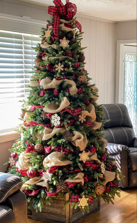 Country Theme Christmas Tree, Burlap Tree, Christmas Tree With Burlap, Buffalo Plaid And Burlap Christmas Tree, Burlap On Christmas Tree, Lumberjack Christmas Tree, Burlap Ribbon Christmas Tree, Country Style Christmas Tree, Burlap And Red Christmas Tree