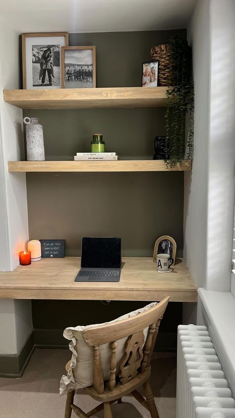 ALEX | DIY, Upcycling & Style | ALCOVE DESK SHOPPING LIST 📐 so you want to add a desk in your unused alcove but you’re not sure where to start. I have added a full�… | Instagram Alcove Office Ideas Desks, Small Office Nook In Living Room, Home Office Alcove, Desk In Wall, Small Corner Office Space, Alcove Desks, Tiny Office Decor, Desk In Alcove, Alcove Desk Ideas