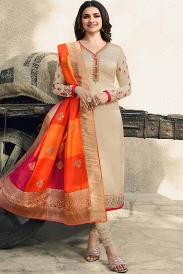 Attractive Georgette Beige Churidar Suit - LSTV02309 Suit Designs Indian Style, Suits Design Latest, Suit Neck Designs, Beige Embroidery, Silk Kurti Designs, Prachi Desai, Churidar Suits, Gaun Fashion, Kurti Designs Latest