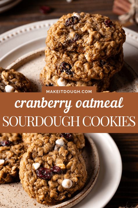 Cranberry Oatmeal Sourdough Cookies Recipe Sourdough Cookies Oatmeal, Sourdough White Chocolate Cranberry Cookies, Sourdough Cranberry Cookies, Sourdough Fall Cookies, Fall Sourdough Cookies, Sourdough Lactation Cookies, Cranberry Bagels Recipe, Sourdough Holiday Cookies, Sourdough Thanksgiving Desserts