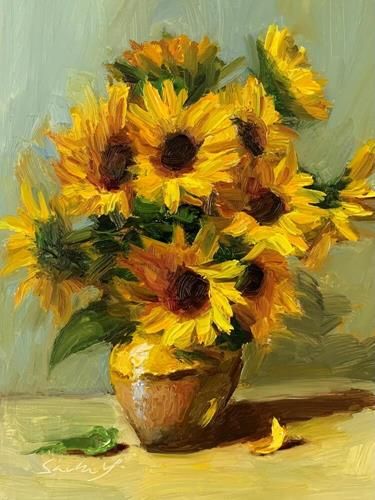 Vase With Sunflowers, Sunflower Vase Painting, Oil Painting Of Flowers, Sunflower In A Vase, Sunflowers Acrylic Painting, Painting Ideas Sunflowers, Realistic Flower Painting, Vase Reference, Sunflower In Vase