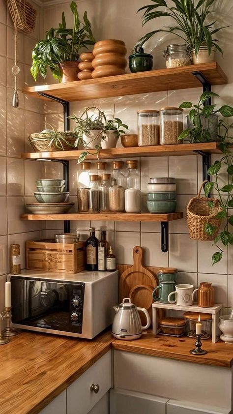 Apartment Kitchen Colorful, Kitchen Decor Earthy, Shed Kitchen Ideas, Plants In Kitchen, Cozy Kitchen Ideas, Kabinet Dapur, Boho Kitchen, Cozy Kitchen, Apartment Decor Inspiration