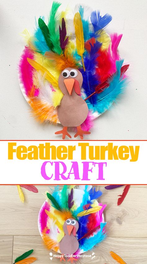 Feather Turkey Craft - Happy Toddler Playtime Turkey Craft Kindergarten Easy, Cute Turkey Crafts For Kids, Turkey For Toddlers, Thanksgiving Crafts 2 Yo, Tk Thanksgiving Crafts, Turkey Craft With Paper Plate, Paper Plate Turkeys Preschool, Thanksgiving Turkey Activities For Kids, Thanksgiving Toddler Crafts Easy