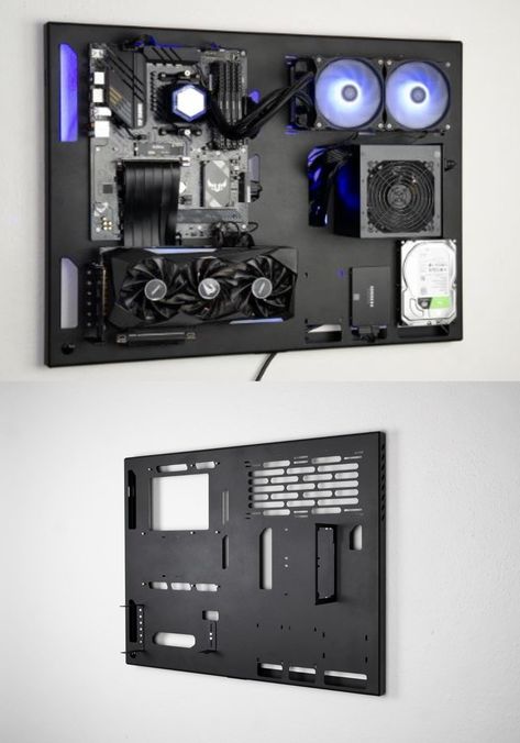 ABK Design Wall-Mount PC Case Cpu Design Pc Cases, Wall Mounted Pc Build, Wall Pc Build, Gaming Pc Case Design, Pc Design Ideas, Pc Case Diy, Computer Case Design, Diy Pc Desk, Desk Pc Build