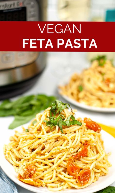 This is the Tik Tok Pasta recipe - veganized! A delicious dairy-free creamy feta sauce made with baked feta and baked tomatoes. Perfect easy dinner, a favorite for pasta night! Definitely save this vegan dinner idea for later - the whole family will love it! Recipes With Vegan Feta Cheese, Vegan Baked Feta Pasta, Quick Vegan Pasta, Vegan Feta Pasta, Tik Tok Pasta, Baked Omelette, Vegan Feta, Baked Feta Pasta, Feta Cheese Recipes