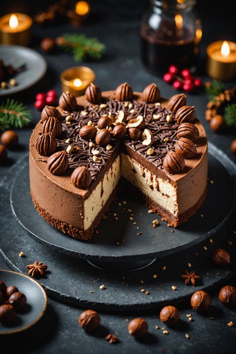 A photo of a  Chocolate Hazelnut Cheesecake which is a type of Christmas Cheesecake Recipes Chocolate Hazelnut Cheesecake, Hazelnut Cheesecake, Cheesecake Recipes Christmas, Christmas Cheesecakes, Unique Cheesecake Recipes, Unique Cheesecake, Christmas Cheesecake Recipes, Cheescake Recipe, Christmas Cheesecake