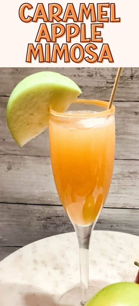 caramel apple mimosa Caramel Apple Cider Mimosa, Caramel Apple Mimosa Recipe, Apple Juice Mimosa, Fall Drinks With Champagne, Carmel Apple Mimosas, Holiday Mimosas Recipe, Carmel Apple Mimosas Recipe, Fall Themed Mimosa Bar, Different Mimosa Recipes