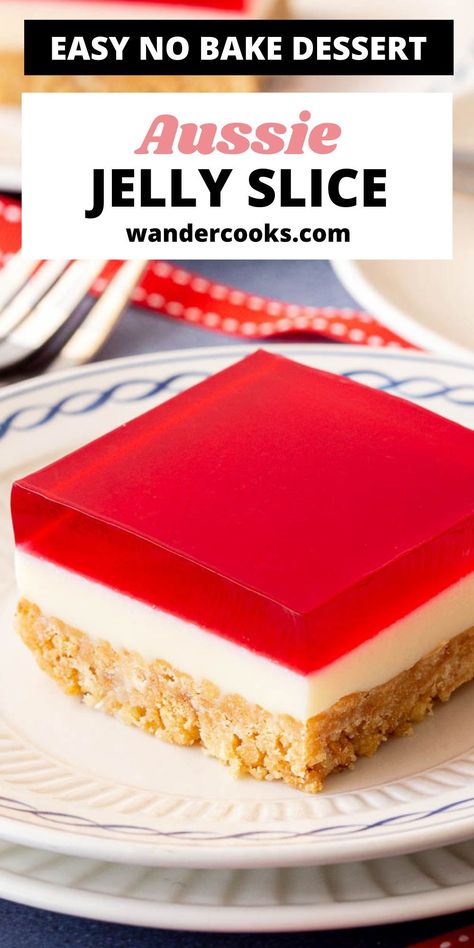 Jelly slice is a sweet and stunning treat for parties and gatherings, guaranteed to disappear the instant it hits the table! This super easy jelly slice recipe features the iconic three layers – biscuit base, condensed milk and red jelly – and only 7 ingredients. Jelly Party Ideas, Cake With Jelly Layer, Jelly Tarts Recipes, Jelly And Condensed Milk Dessert, Condensed Milk Slice, Christmas Slices Recipes, Easy Slices Recipes, Jelly Slice Recipe, Easy Slice Recipes