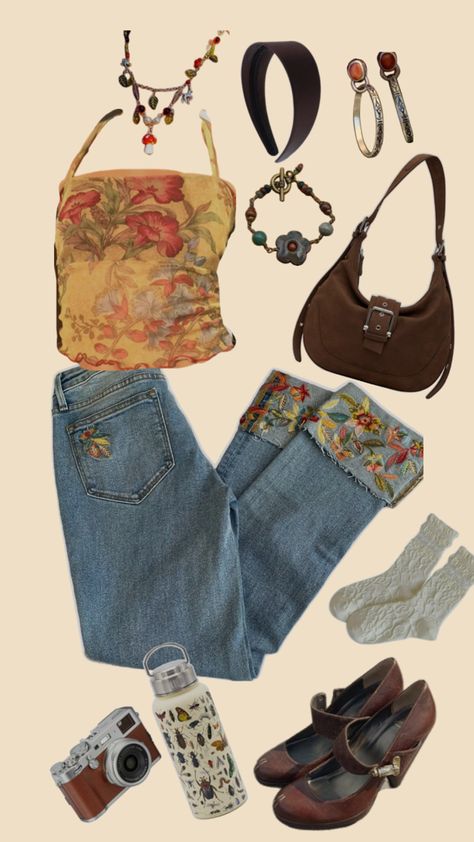 #cottagecore #floral #earthytones #outfit #cute #inspo Cottagecore Going Out Outfit, Downtown Cottagecore Outfits, Bright Cottagecore Outfit, Cottagecore Jeans Outfit, Trinket Core Outfit, City Cottagecore, Cottage Core Aesthetic Clothes, Summer Cottagecore Outfits, Cottagecore Outfits Aesthetic