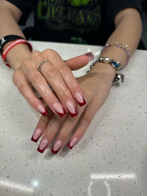 A square red french tip! #nails #rednails #frenchtipnails #redfrench Square French Tip Color, Red Square Nail Designs, Red French Tip Square Nails, Red French Manicure Nails, Red French Tip Toe Nails, Square Red French Tip Nails, Short Red French Tip Nails, Red French Tip Nails Square, Dark Red French Tip Nails