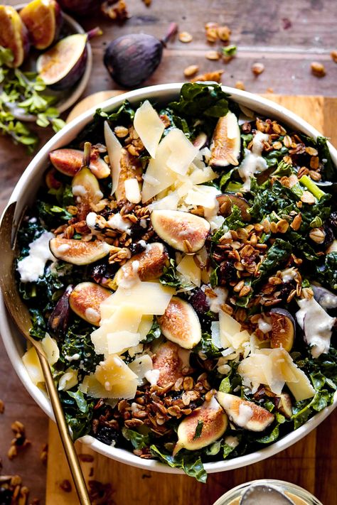 harvest fig and kale crunch salad with tahini cider dressing – The Foul-Mouth Gourmet Kale Crunch Salad, Harvesting Kale, Savory Granola, Fig Salad, Crunch Salad, Harvest Salad, Fig Recipes, Autumn Salad, Tahini Dressing