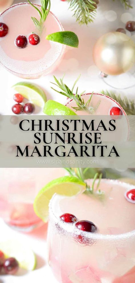 When a margarita meets a tequila sunrise in a cranberry bog, you get the best cranberry margarita to celebrate the season! If you've ever made homemade cranberry sauce, or mixed up a margarita at home, you totally got this. Make just one or a whole pitcher for holiday entertaining. Mocktail instructions included, too. Make the Christmas Sunrise Margarita your signature cocktail this holiday season! Cranberry Pomegranate Margarita, Holiday Drink Garnish, Christmas Margarita, Christmas Drinks Alcohol Recipes, Christmas Party Drinks, Cranberry Margarita, Christmas Drinks Alcohol, Boozy Drinks, Festive Drinks