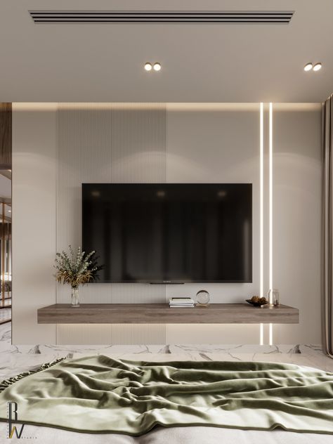 Tv Unit Design Wall Master Bedrooms, Tv Unit For Master Room, Minimalist Tv Unit Design Bedroom, Minimal Tv Unit Design Bedroom, Bedroom Tv Unit Decor, Tv Unit For Bedroom Modern, Tv Unit Design In Bedroom, Bedroom Design Tv Wall, Bedroom Tv Panel