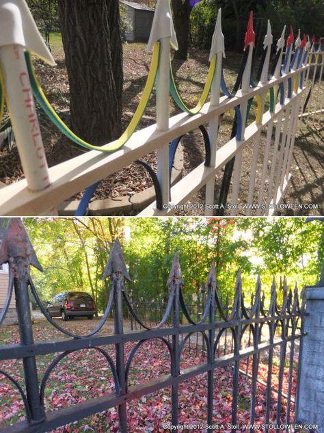 Tutorial:  Wrought Iron Cemetery Fence {stolloween.com} AWESOME AND EASY Using PVC, wood, foam board, hot glue, screws Haunted House Diy Decoration, Cemetery Fence, Faux Wrought Iron, Halloween Fence, Cheap Diy Halloween Decorations, Wrought Iron Fence, Halloween Decor Diy, Halloween Outside, Casa Halloween