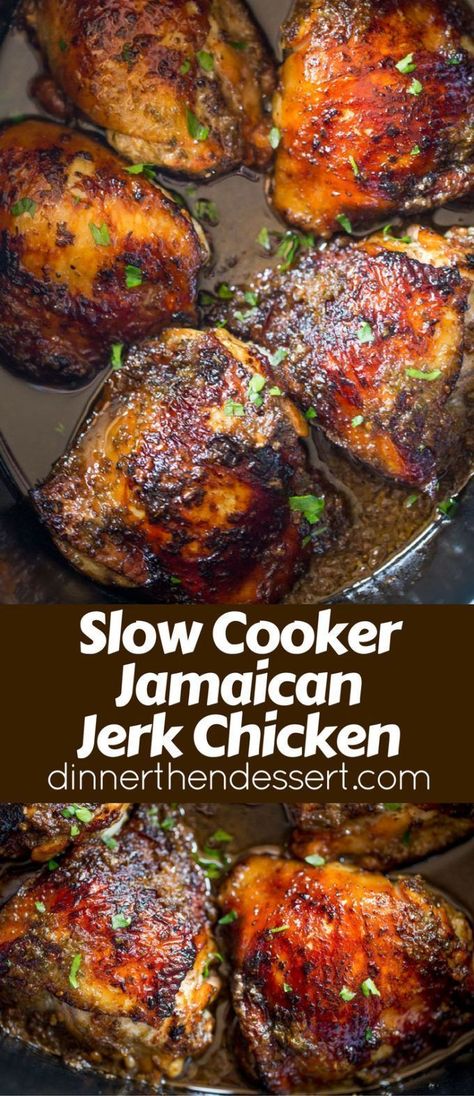 Slow Cooker Jerk Chicken is a quick recipe with fantastic authentic Jamaican flavors of peppers, onions, allspice and cloves and with no mess to clean up. Slow Cooker Jerk Chicken, Jerk Chicken Recipe, Pot Recipes Healthy, Pot Recipes Easy, Crock Pot Recipes, Easy Slow Cooker Recipes, Jerk Chicken, Jamaican Recipes, Recipes Crockpot